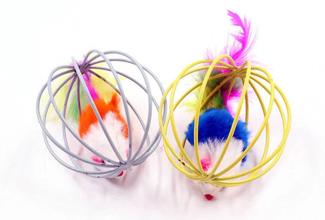 Bell Mouse Cage Toys - Cat Teaser with Wand & Feather