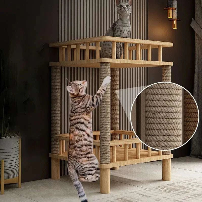 Wooden Cat Tree Tower House Sisal Scratcher Cats Villa