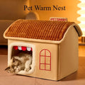 Winter foldable pet house for puppies and kittens, coral fleece material, portable and washable design.